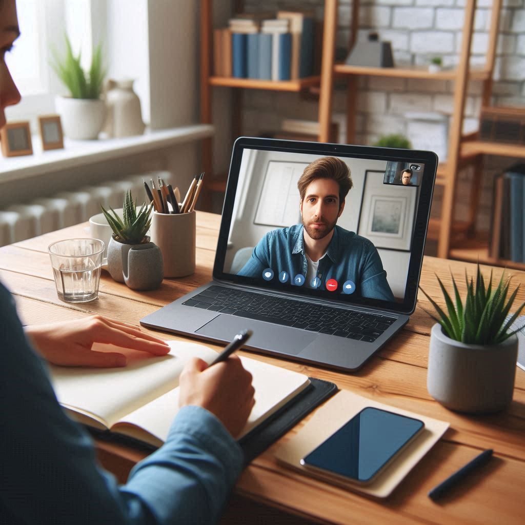 uma pessoa em casa, sentada em frente a uma mesa com um notebook aberto, enquanto na tela aparece outra pessoa, dando a sensação de uma consulta de terapia online por vídeo